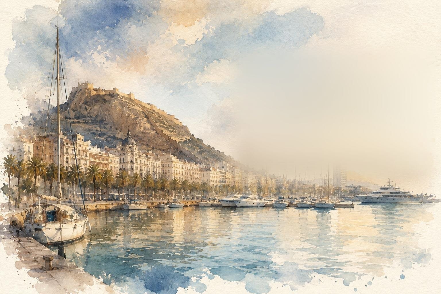Acuarela del Puerto de Alicante al amanecer